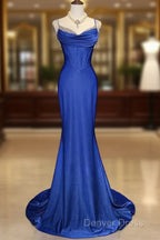 Royal Blue Elegant Mermaid Satin Spaghetti Strap Long Prom Dresses Beaded Formal Evening Gown