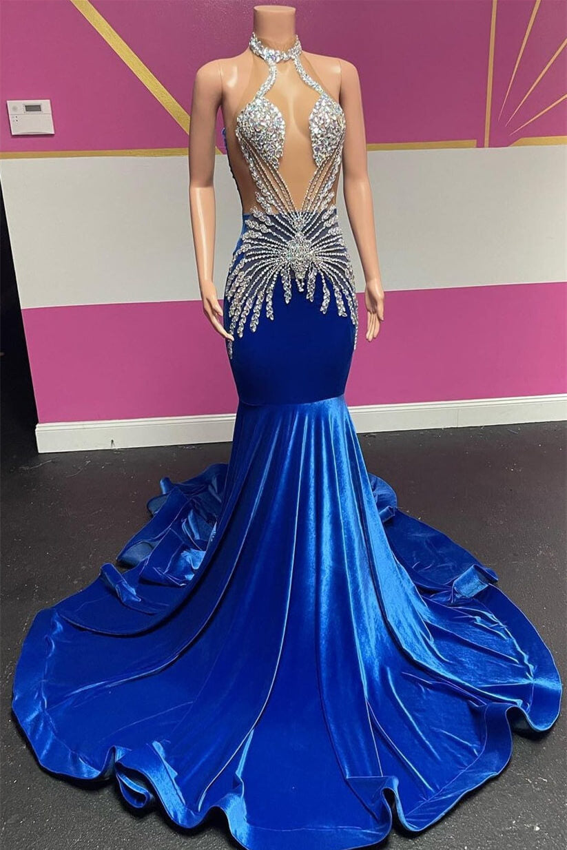 Royal Blue Halter Sleeveless Mermaid Prom Dresses With Beadings Velvet Main image