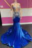 Royal Blue Halter Sleeveless Mermaid Prom Dresses With Beadings Velvet