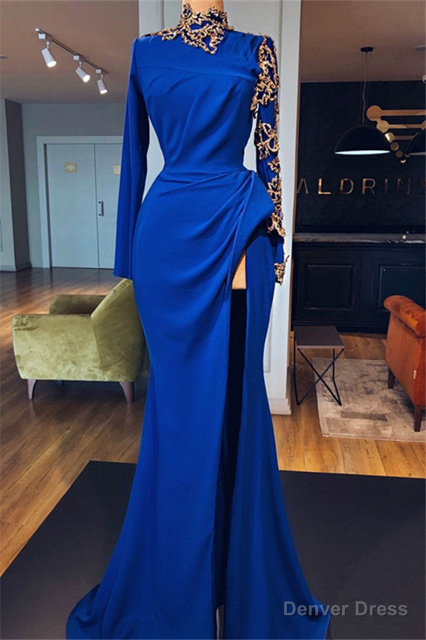 Royal Blue High Neck Side Slit Mermaid Prom Dresses Elegant Long Sleevess Appliques Prom Gown