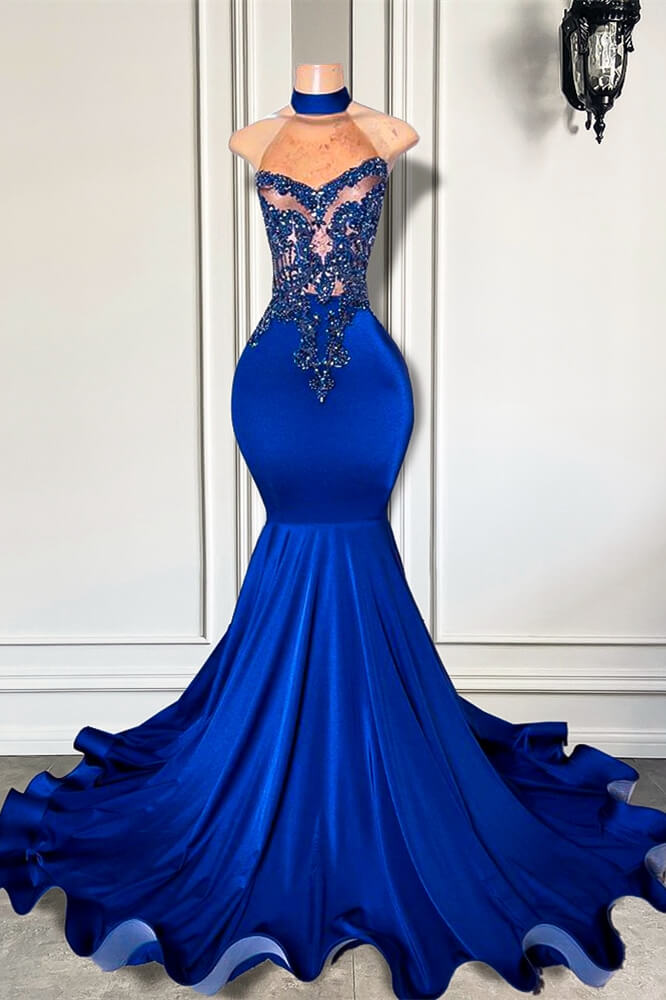 Royal Blue High Neck Sleeveless Mermaid Prom Dress With Beadings