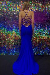 royal blue hollow out mermaid lace up back long prom dress