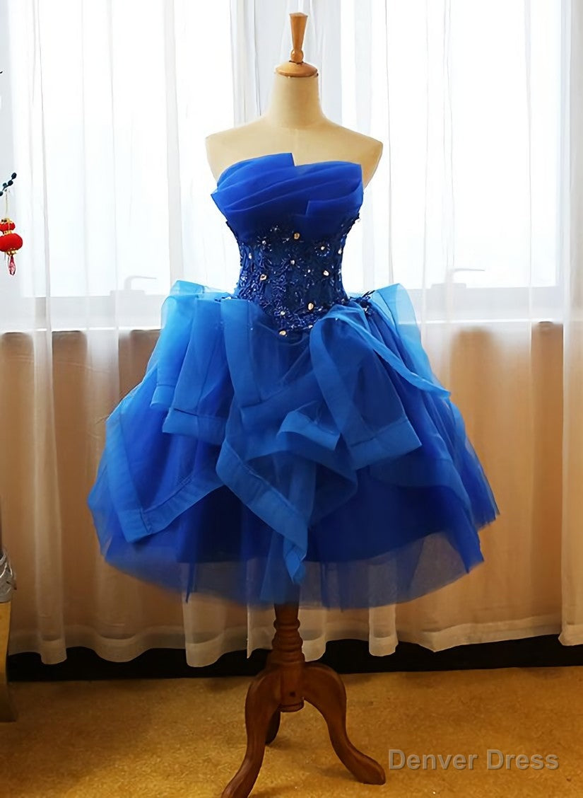 Royal Blue Knee Length Party Dress with Applique, Short Prom Dress