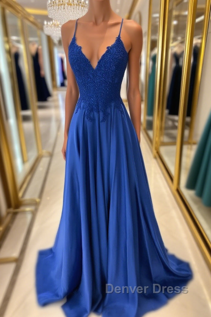 Royal blue lace satin long prom Dress blue Prom Dresses