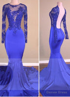 Royal Blue Long Sleeves Open Back Mermaid Charming Sheer Prom Dresses