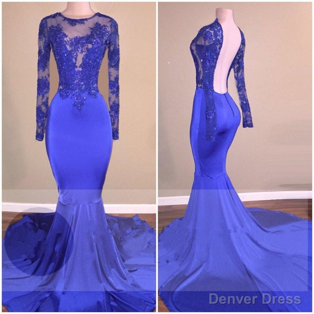 Royal Blue Long Sleeves Open Back Mermaid Charming Sheer Prom Dresses