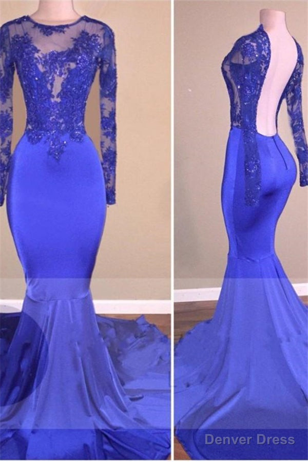 Royal Blue Long Sleeves Open Back Mermaid Charming Sheer Prom Dresses Main image