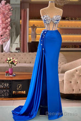 Royal Blue Mermaid Beading See Through Prom Dress
