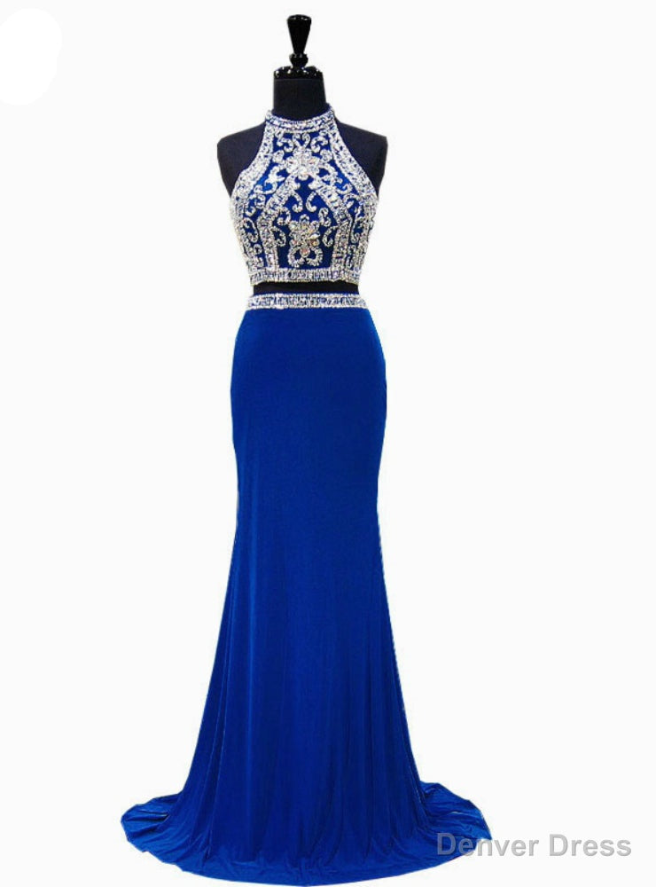 Royal Blue Mermaid High Neck Beaded Crystals Floor Length Prom Dress