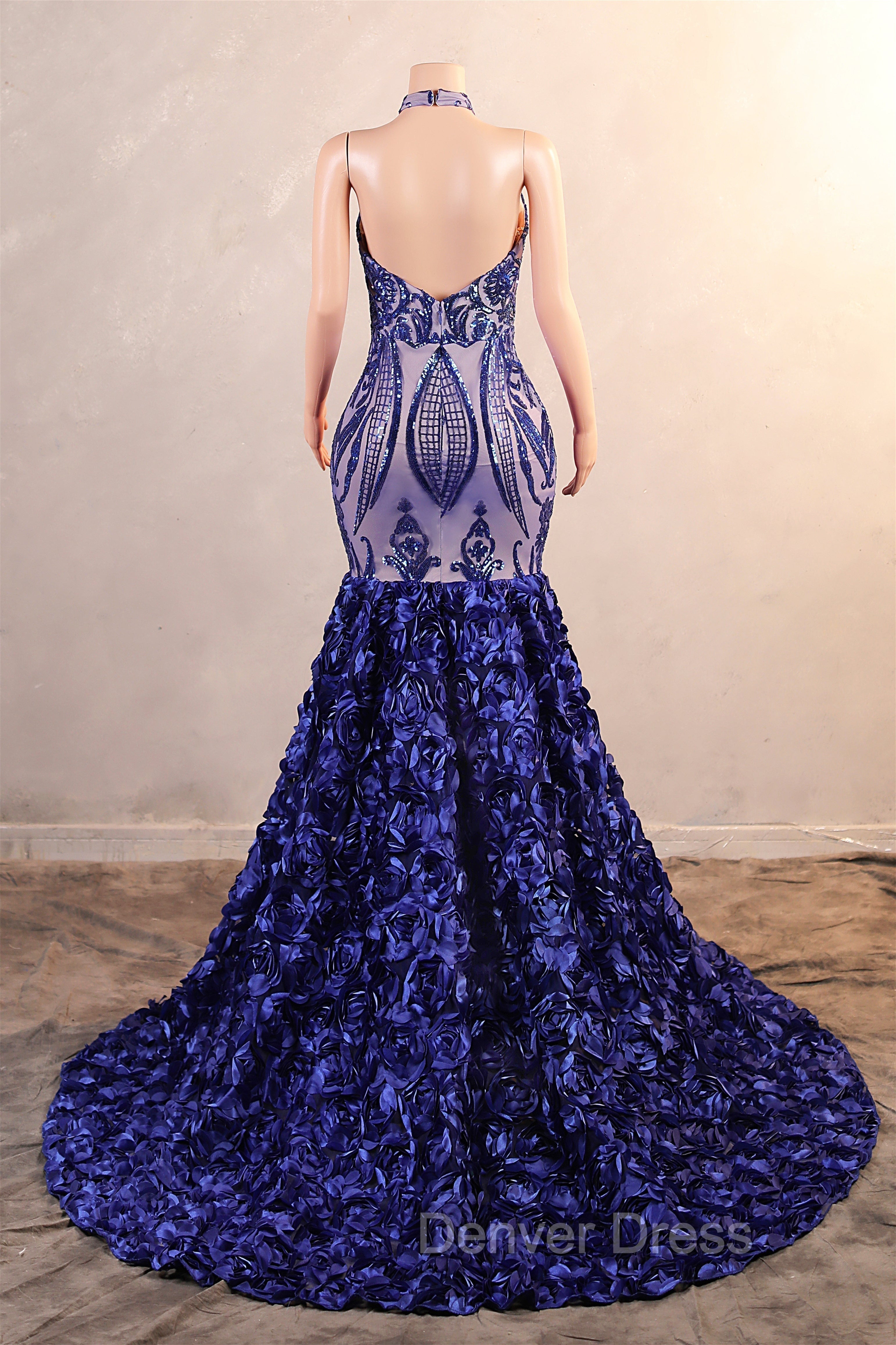Royal Blue Mermaid Prom Dresses Sequined Lace Flowers Halter Neck Backless Long Gowns