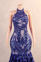 Royal Blue Mermaid Prom Dresses Sequined Lace Flowers Halter Neck Backless Long Gowns
