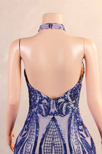Royal Blue Mermaid Prom Dresses Sequined Lace Flowers Halter Neck Backless Long Gowns