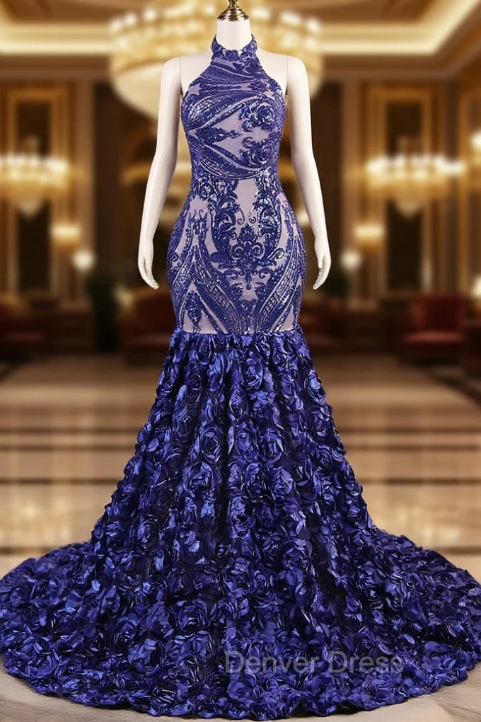 Royal Blue Mermaid Prom Dresses Sequined Lace Flowers Halter Neck Backless Long Gowns Main image