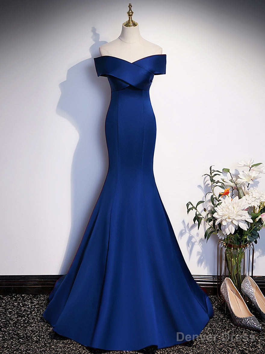 Royal Blue Mermaid Satin Long Prom Dress, Off Shoulder Blue Prom Dresses