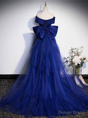 Royal Blue Mermaid Satin Long Prom Dress, Off Shoulder Blue Evening Dress