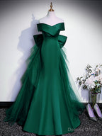 Royal Blue Mermaid Satin Long Prom Dress, Off Shoulder Blue Prom Dresses