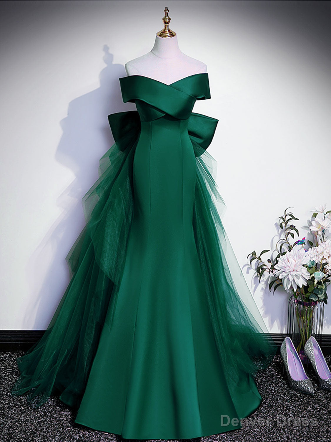 Royal Blue Mermaid Satin Long Prom Dress, Off Shoulder Blue Prom Dresses