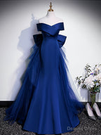 Royal Blue Mermaid Satin Long Prom Dress, Off Shoulder Blue Prom Dresses