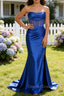 Royal Blue Mermaid Strapless Pleated Corset Long Prom Dress with Slit