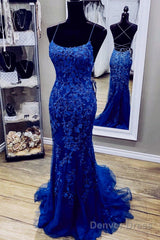 Royal Blue Mermaid Straps Tulle And Lace Party Dress, Royal Blue Prom Dress