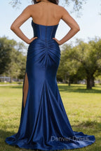 Royal Blue Mermaid Sweetheart Corset Long Prom Dresses with Slit