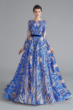 A Line Luxury Sequins Long Sleeve Backless Prom Dresses
