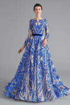 A Line Luxury Sequins Long Sleeve Backless Prom Dresses