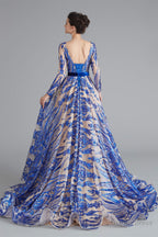 A Line Luxury Sequins Long Sleeve Backless Prom Dresses