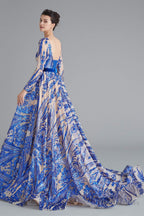 A Line Luxury Sequins Long Sleeve Backless Prom Dresses