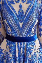 A Line Luxury Sequins Long Sleeve Backless Prom Dresses