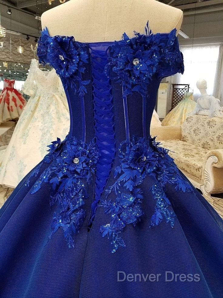 Royal Blue Off-The-Shoulder Evening Dresses, Appliques Formal Prom Dre