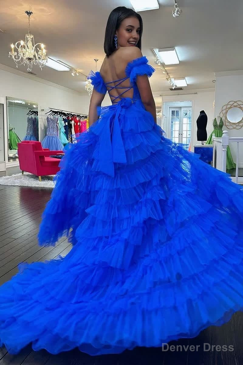 Royal Blue Off the Shoulder Ruffle Tiered Tulle Long Prom Dresses with Slit Secondary image