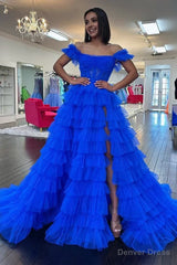 Royal Blue Off the Shoulder Ruffle Tiered Tulle Long Prom Dresses with Slit