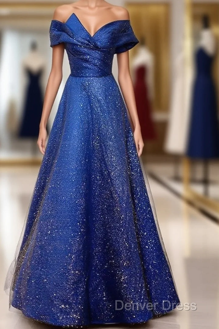 Royal Blue Off The Shoulder V-Neck Long Prom Dresses Evening Dresses, Main image