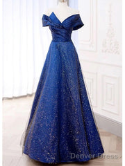 Royal Blue Off The Shoulder V-Neck Long Prom Dress Evening Dress,