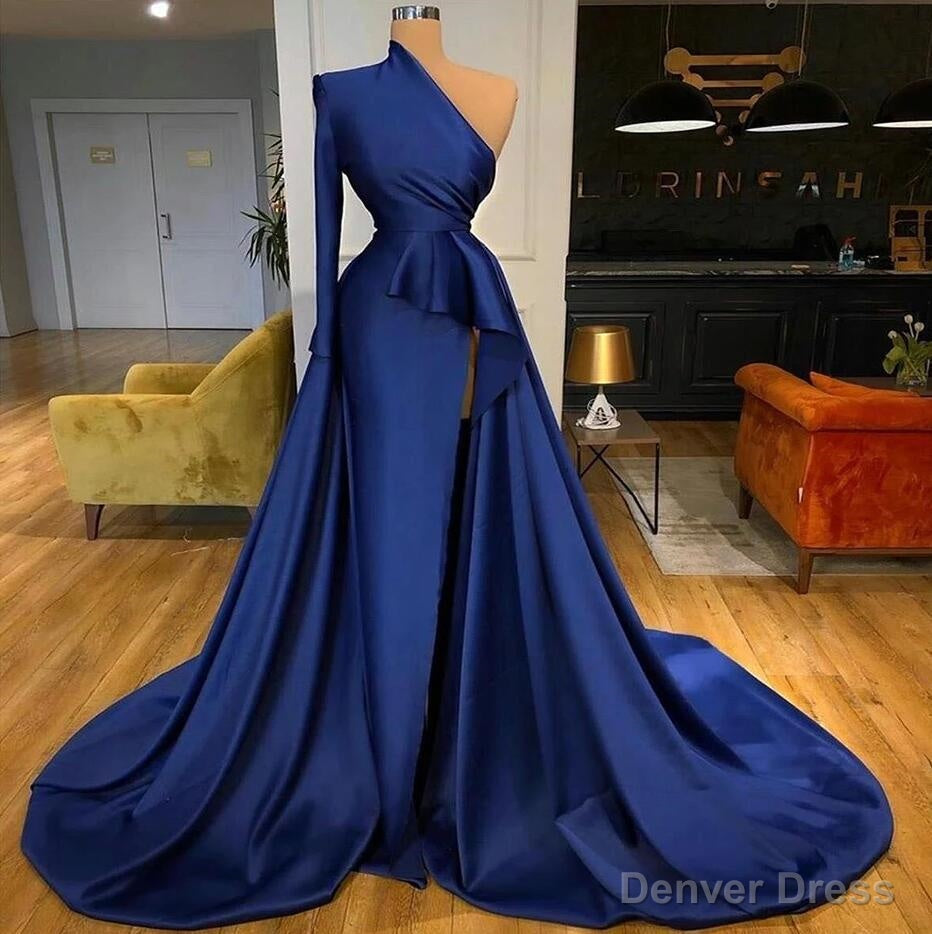 Royal Blue One Shoulder Long Sleeves Slit Prom Dresses Overskirt Secondary image