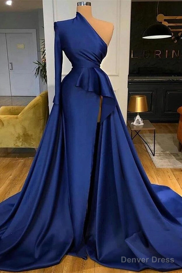 Royal Blue One Shoulder Long Sleeves Slit Prom Dresses Overskirt