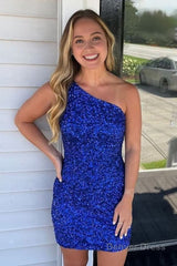 royal blue open back one shoulder sequins tight short hoco dress