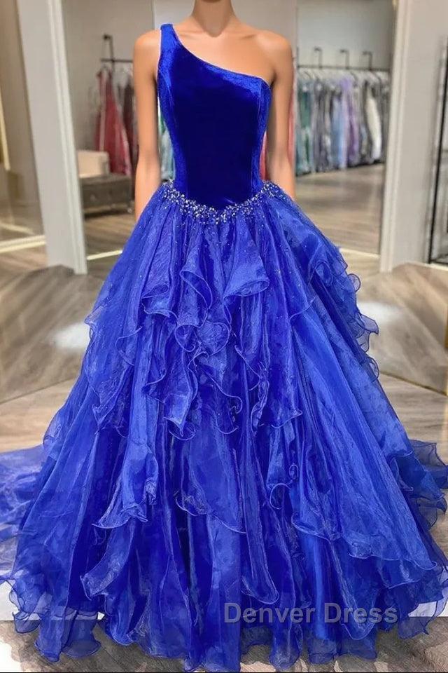 Royal Blue Prom Dresses A Line One Shoulder Long Party Evening Dresses with Beading Main image