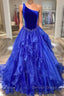 Royal Blue Prom Dresses A Line One Shoulder Long Party Evening Dresses with Beading