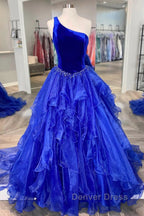 Royal Blue Prom Dress A Line One Shoulder Long Prom Dresses with Beading