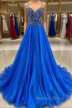 Royal Blue Prom Dresses A Line Spaghetti Straps Long Party Evening Dresses with Beading