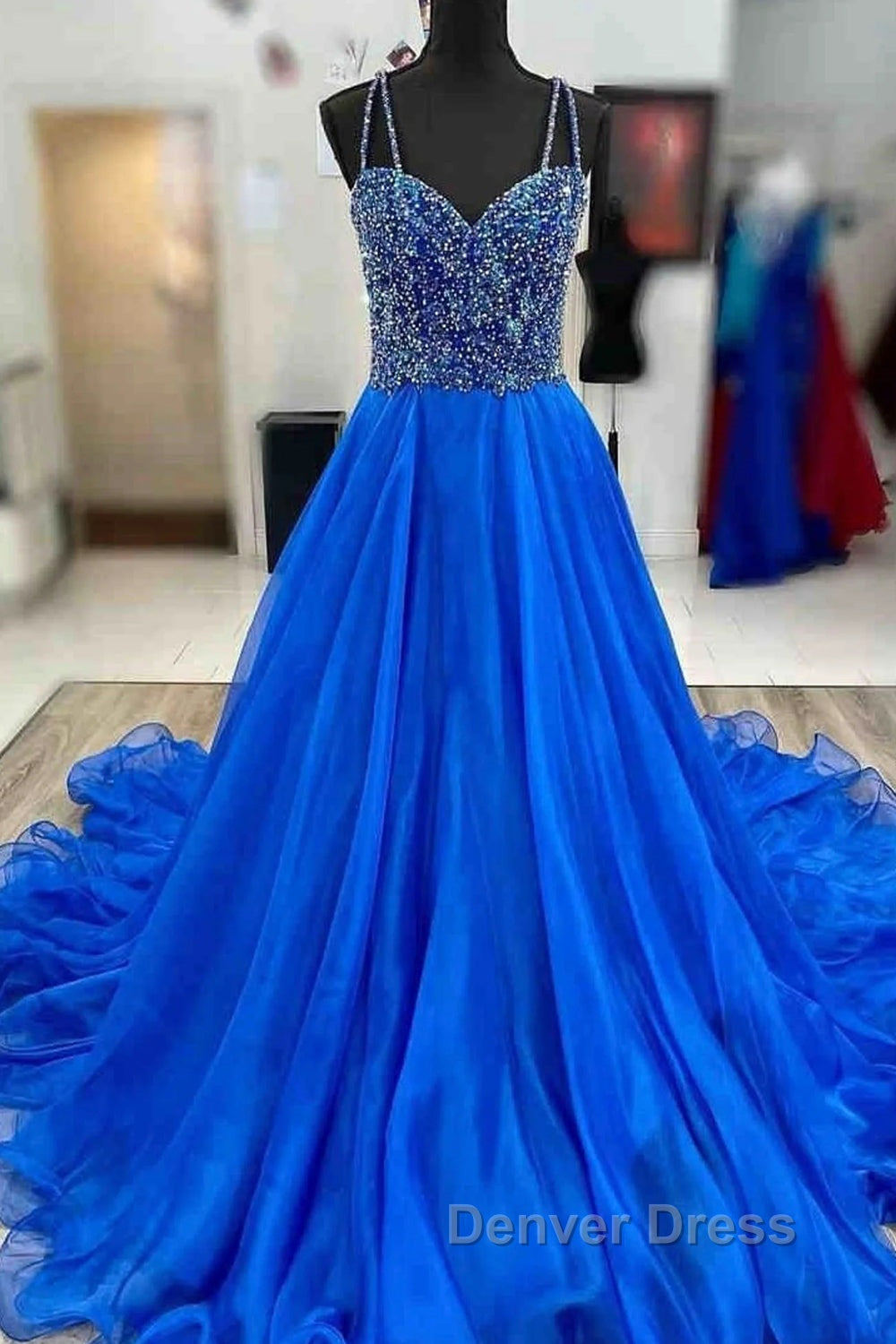 Royal Blue Prom Dresses A Line Spaghetti Straps Long Party Evening Dresses with Beading Secondary image