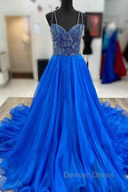 Royal Blue Prom Dresses A Line Spaghetti Straps Long Party Evening Dresses with Beading