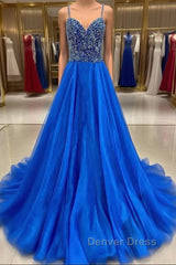 Royal Blue Prom Dress A Line Spaghetti Straps Long Party aftonklänning med pärlor