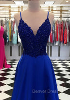 Royal Blue Prom Dress, A Line V Neck Regular Straps Long Floor Length Satin Prom Dresses With Appliqued Beading