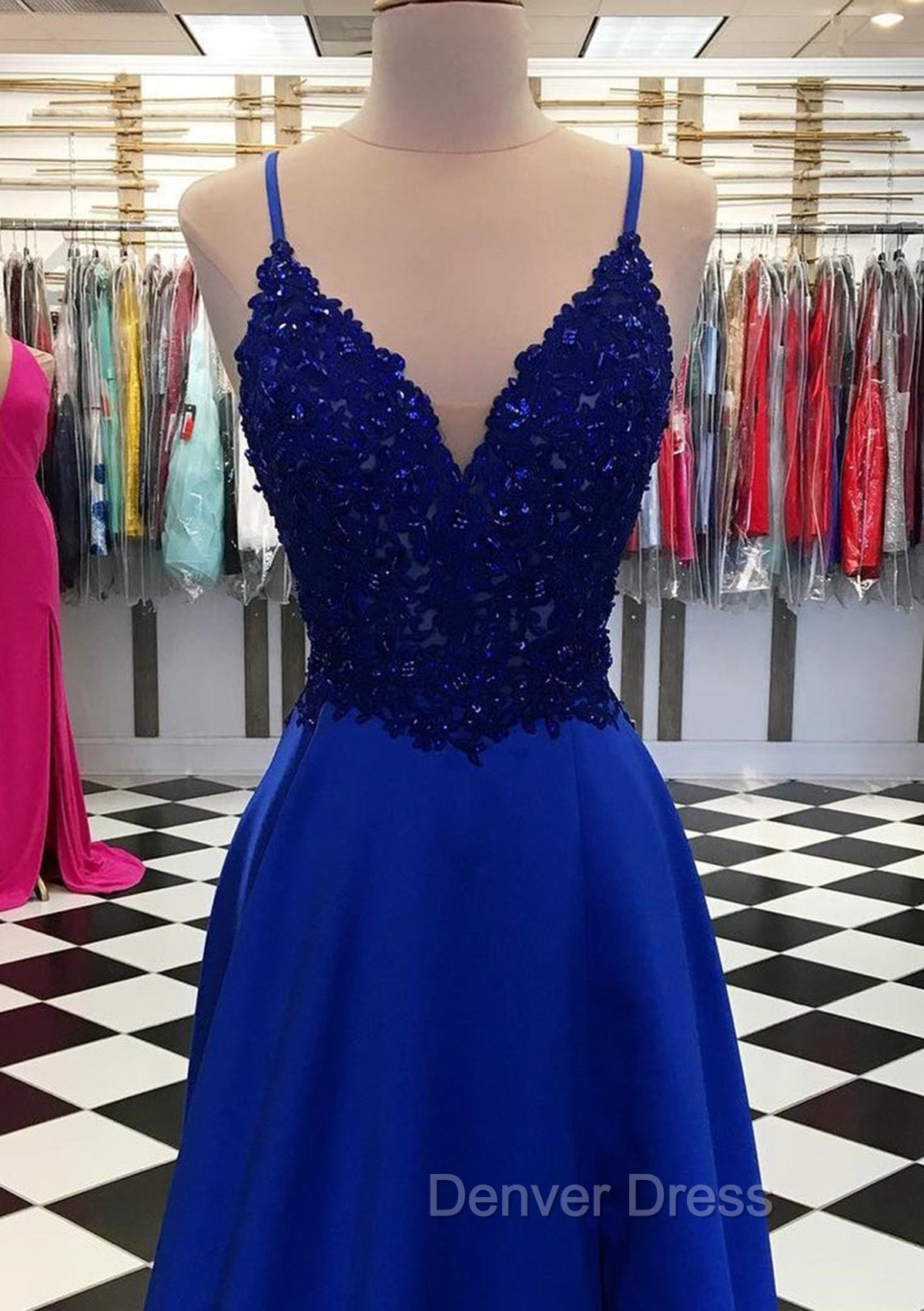 Royal Blue Prom Dress, A Line V Neck Regular Straps Long Floor Length Satin Prom Dresses With Appliqued Beading