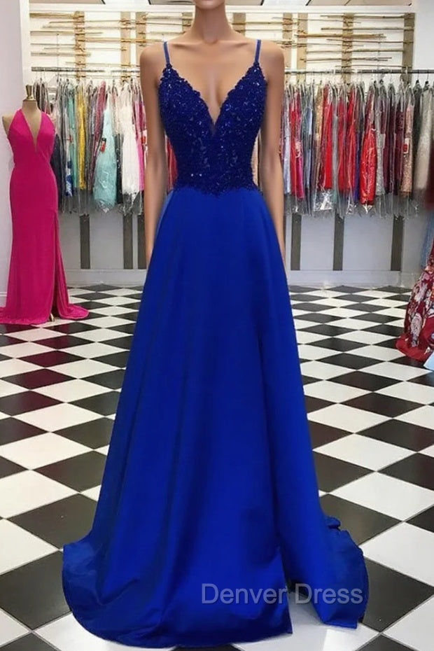 Royal Blue Prom Dress, A Line V Neck Regular Straps Long Floor Length Satin Prom Dresses With Appliqued Beading