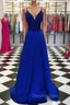 Royal Blue Prom Dress, A Line V Neck Regular Straps Long Floor Length Satin Prom Dresses With Appliqued Beading