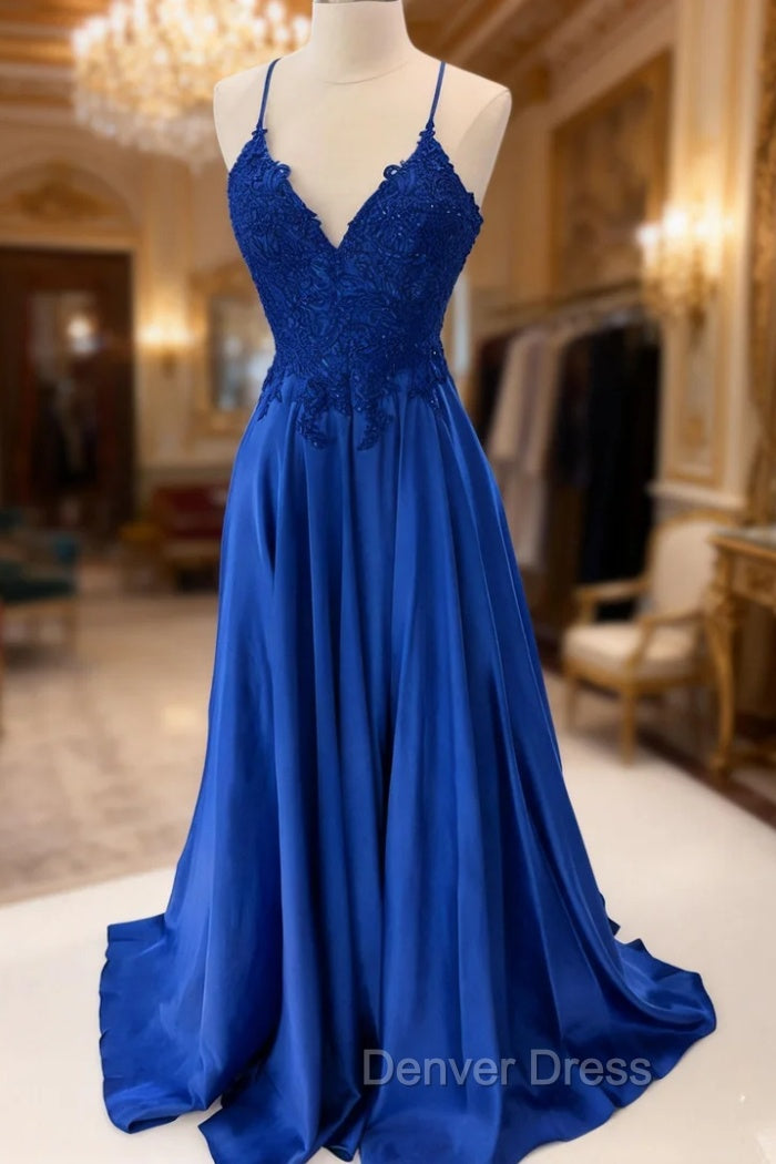 Royal Blue Prom Dress, A Line V Neck Sleeveless Long Floor Length Charmeuse Prom Dresses With Appliqued Beading Lace